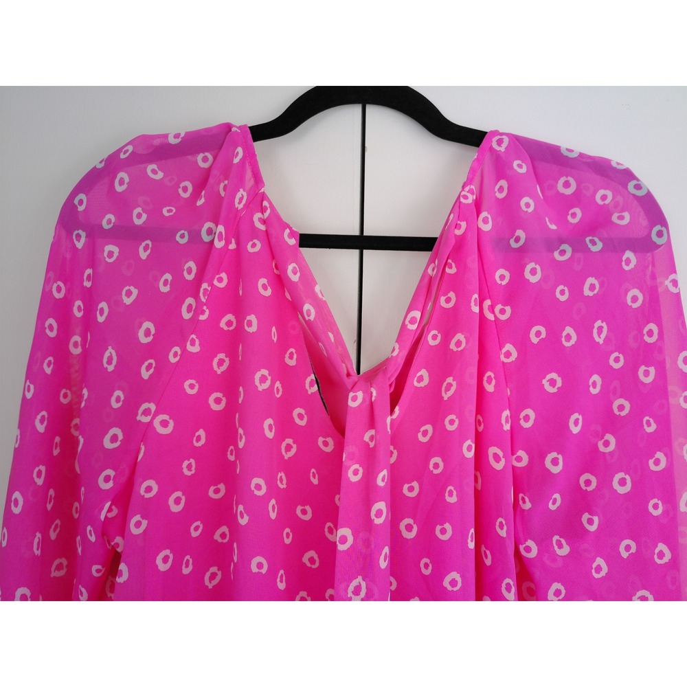Nine West Pink White Circle Print Tie Neck Blouse Size Large Long Sleeve Top - Picture 3 of 9